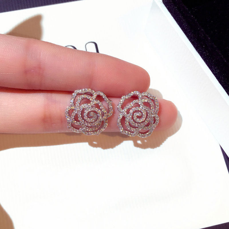 Elegant Women's Rose Quality Earrings With Full Crystal Flowers only or with Pearl.