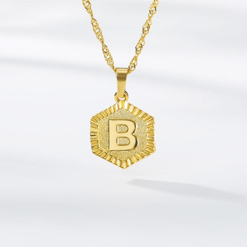 A-Z Letter Hexagon Initial Necklaces For Women Men Gold Color Stainless Steel Neck Chain Male Female Pendant Necklace Jewelry
