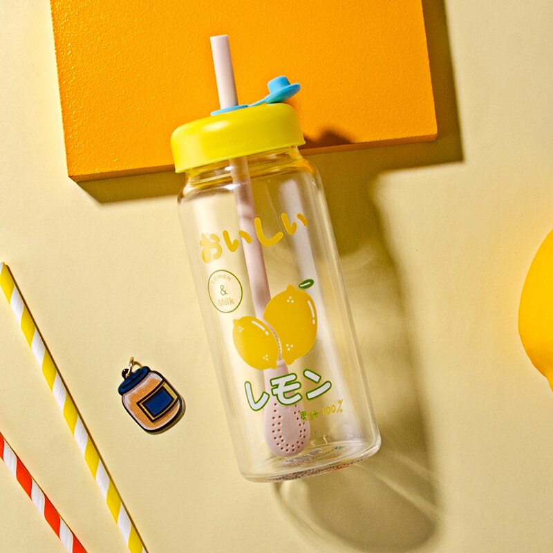 Water bottle cute fruit straw creative student couple transparent glass water cup cup with lid juice drink water cup gift office