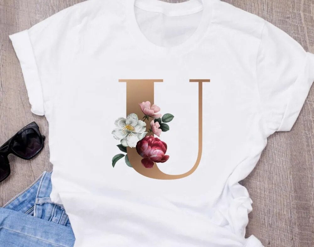 Custom name letter combination women&#39;s High quality printing T-shirt Flower letter Font A B C D E F G Short sleeve Clothes