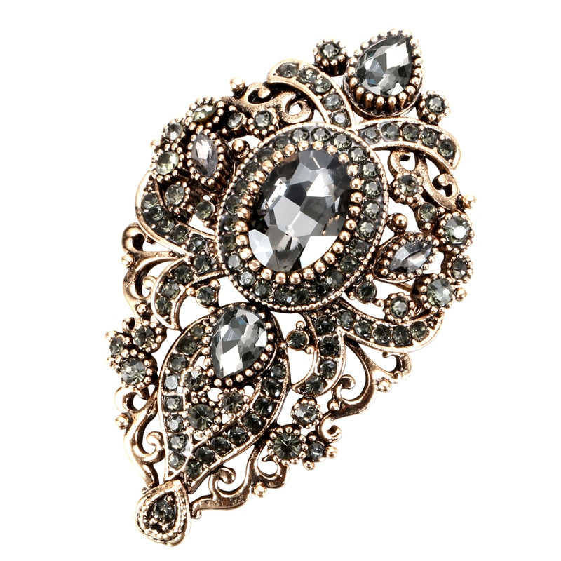 Kinel 2021 Fashion Vintage Gray Crystal Women Brooch Pin Gold Plating Arabesque Rhinestone Turkish Brooch Lapel Scarf Broches