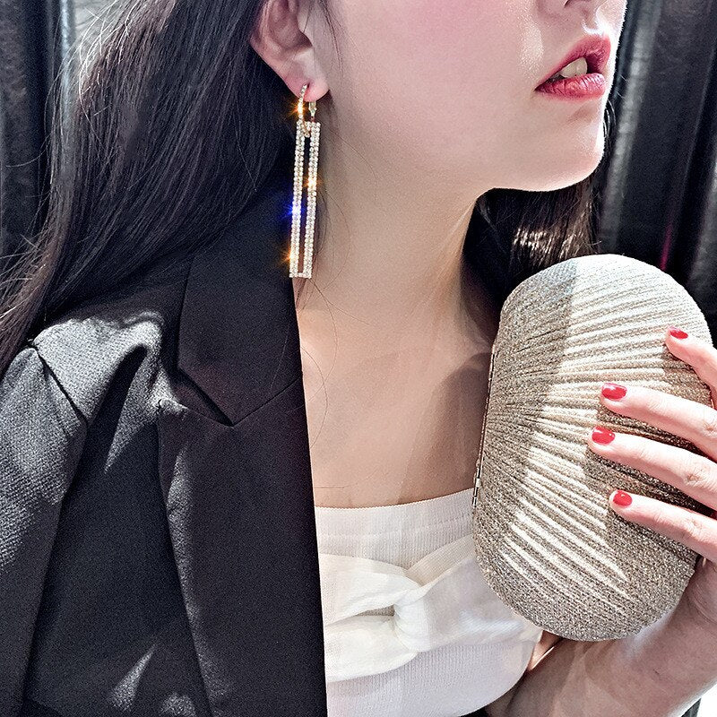 FYUAN Fashion Long Geometric Drop Earrings Luxury Gold Silver Color Rectangle Rhinestone Earring for Women Party Jewelry Gift