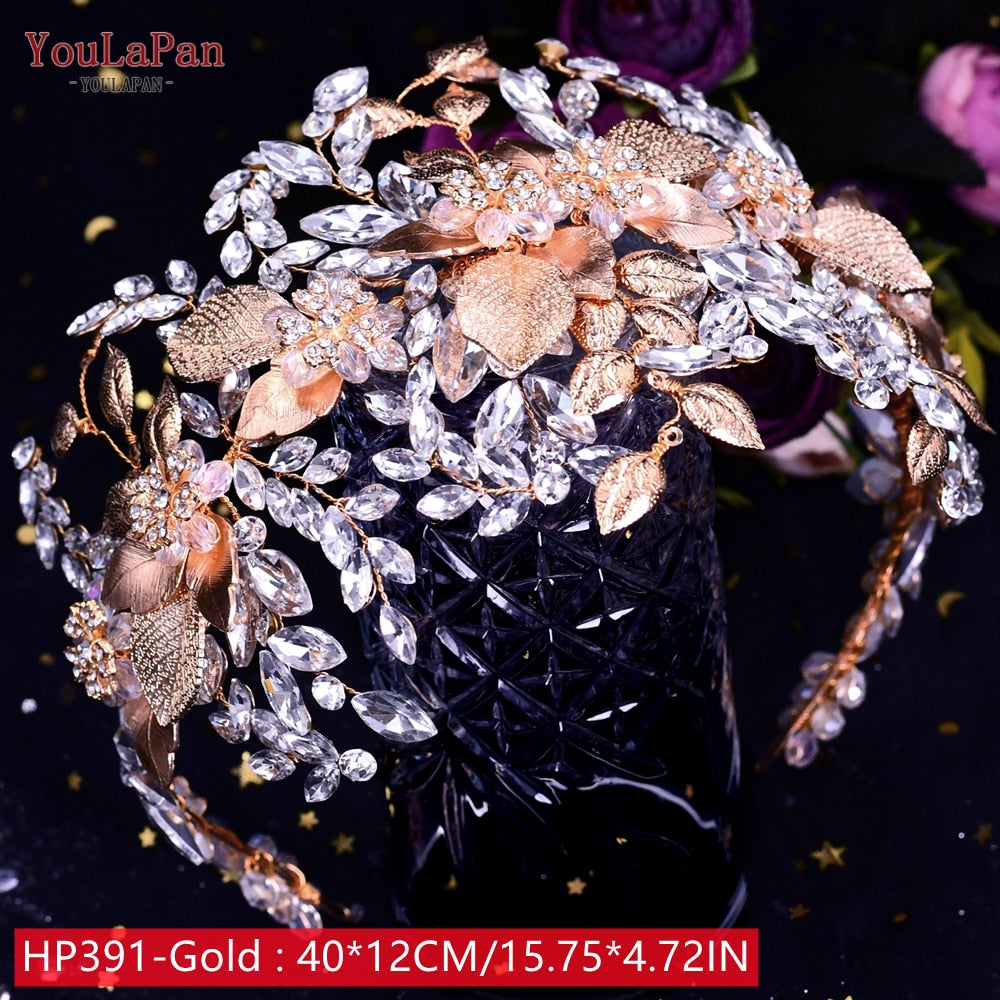 YouLaPan HP240 Golden Bride Hair Accessories Crystal Headband Woman Wedding Hair Jewelry Rhinestone Bridal Tiara and Headdress