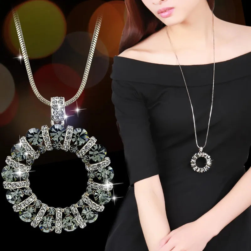 Fashion Crystal Round Circle Pendant Long Necklace For Women 2021 New Trendy Jewelry Sweater Necklaces