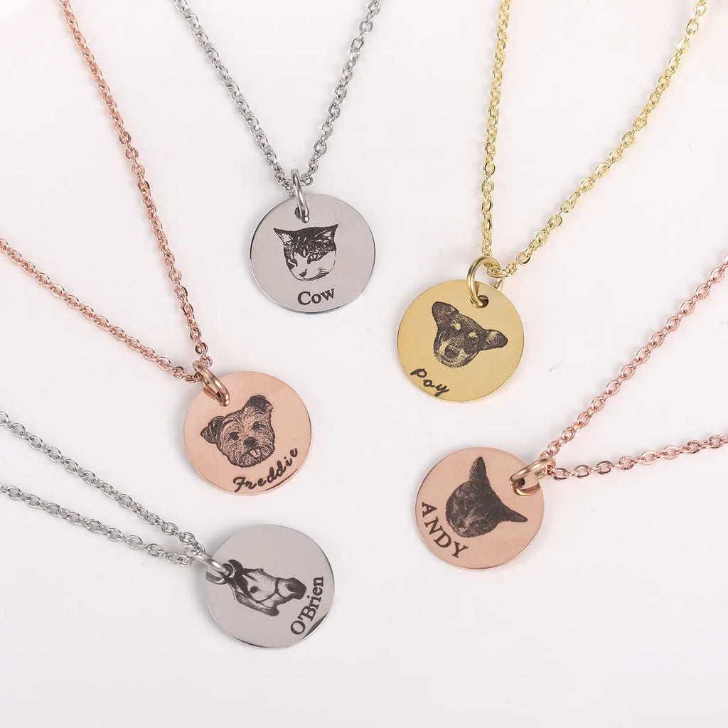 Personalized Pet Photo Initial Date Necklace Stainless Steel Engraved Disc Pendants Custom For Women Memorial Day Jewelry Gifts