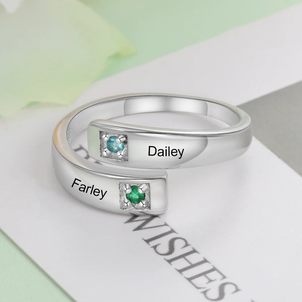 Personalized Women Rings with Birthstone Custom 2 Names Engraved Adjustable Promise Rings for Couples Jewelry(JewelOra RI103934)