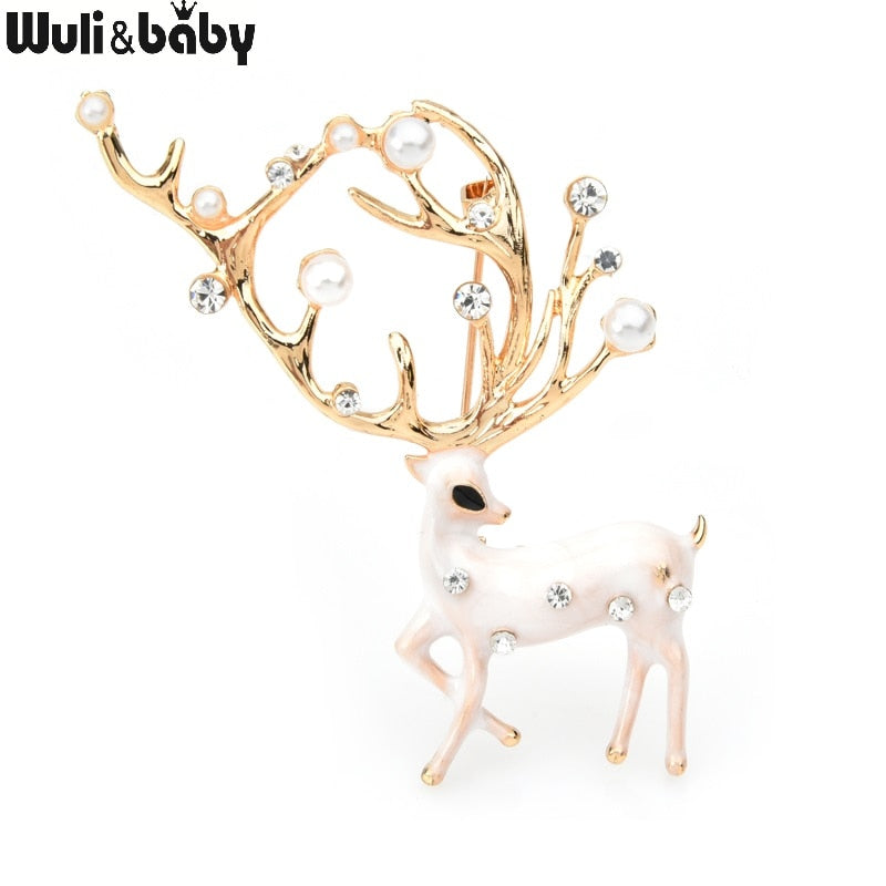 Wuli&amp;baby Red Brown Enamel Deer Brooches Women Alloy Pearl Elk Animal Brooch Pins Gifts