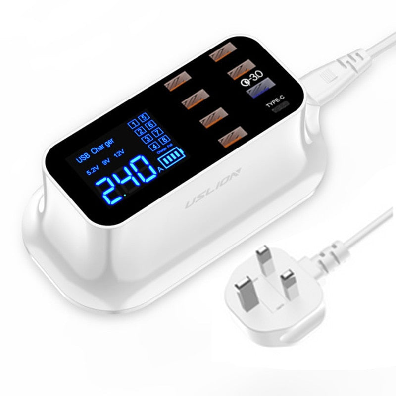 USLION 8 Port USB Charger HUB Quick Charge 3.0 LED Display Multi USB Charging Station Mobile Phone Desktop Wall Home EU Plug