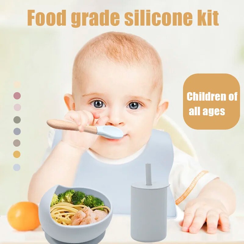 Customizable Logo Baby Silicone Tableware Suction Silicone Bowl Straw Cup Waterproof Bib 4pcs Food-grade Silicone Material