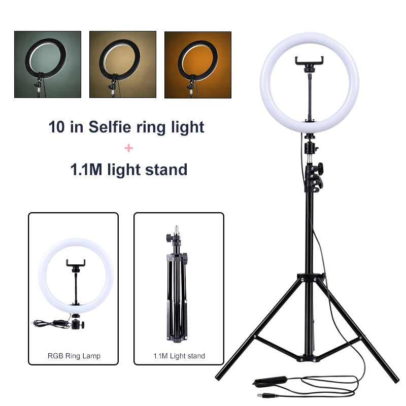 PYNSSEU 26cm LED Circle Round Light with 1.1/1.6/2.0M RGB lamp Stand Dimmable 10" Selfie Circle Round Lamp with Phone Clip for Youtube Makeup