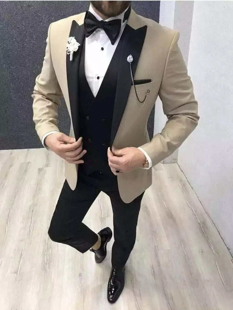 2020 Custom Made 3-Piece Beige Smoking Blazer Casual Business Gentlemen Groom Suits Prom Suits For Men Wedding Best Man Tuxedo