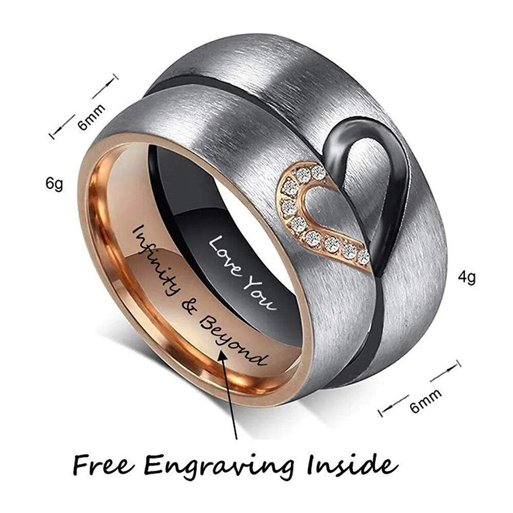 Personalized Heart Couple Rings with Zirconia Custom Inside Engraving Wedding Engagement Rings for Women Men Promise Gift
