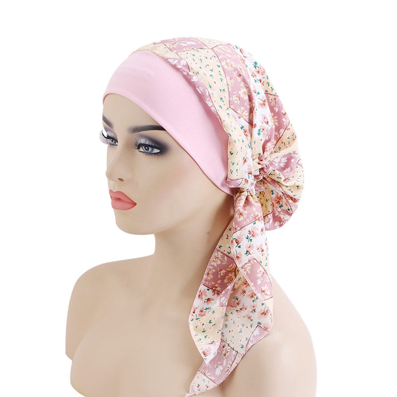 Women Printed Pre-tie Headscarf Elastic Muslim Female Turban Cancer Chemo Hat Hair Loss Cover Head Wrap Headwear Stretch Bandana