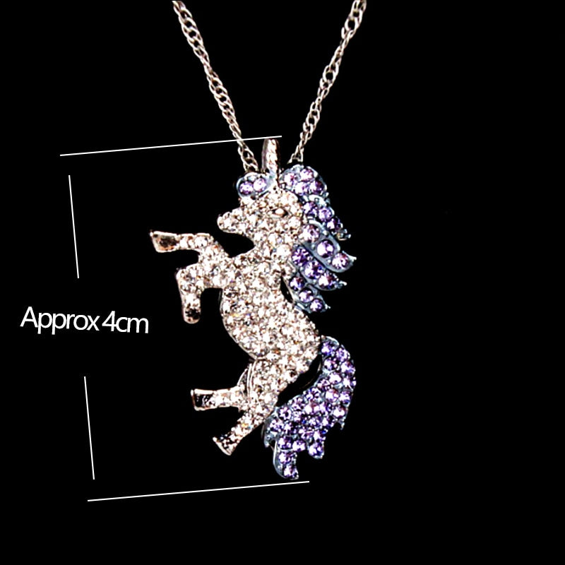 Fashion Purple Colorful White Crystal Unicorn Metal Pendant Chain Necklace Women Girl Jewelry Gift