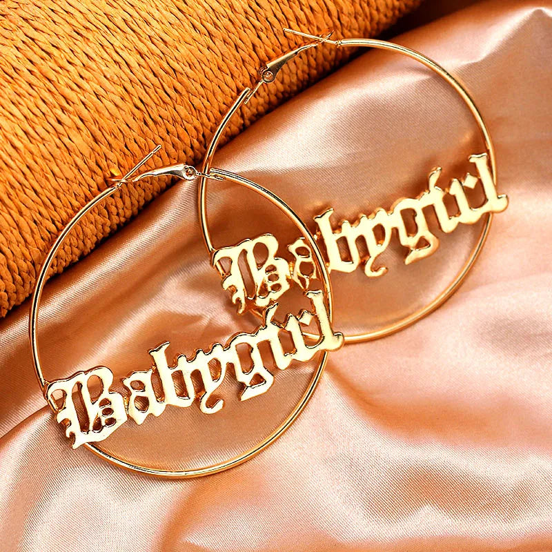 Flatfoosie Punk Hip-hop Hyperbole Big Circle Hoop Earrings Gold Silver Color Babygirl Letter Earrings Women Fashion Jewelry