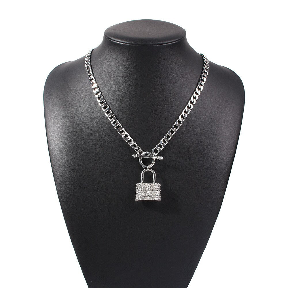 KMVEXO Shiny Crystal Lock Pendant Necklace Jewelry For Women Men Punk LOVE Padlock Couple On Neck Chains Necklace Gifts 2020