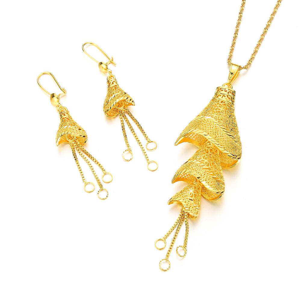 Ethiopian African Gold Color Pendant Necklaces Earrings Women Fulani Wedding Party Jewelry Set