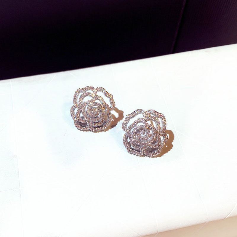 Elegant Women's Rose Quality Earrings With Full Crystal Flowers only or with Pearl.