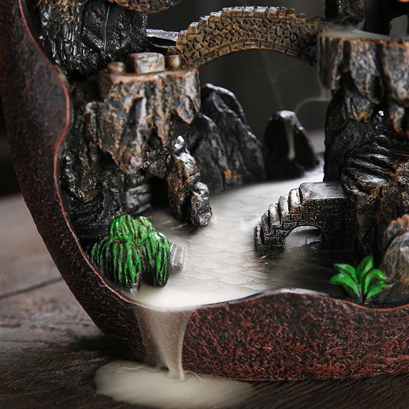 Big Resin Rockery Landscape Backflow Incense Burner Home Decor Smoke Waterfall Holder Handcrafted Buddhist Incense Holder