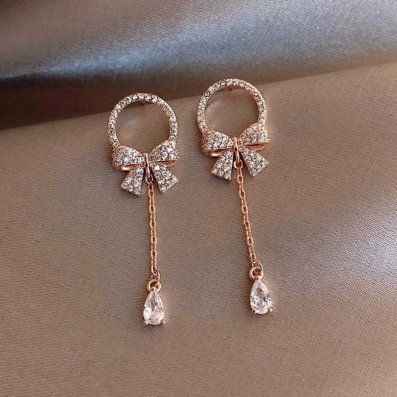 New Fashion Trendy Water Drop Women Dangle Earrings Bow Tassel Earrings Korean Earrings Zircon Long Jewelry Gifts