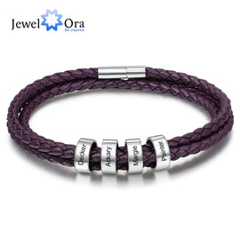 Personalized Engraving Name Bracelet with 4 Beads Custom Multicolored Leather Bracelets for Men Women Stainless Steel Jewelry