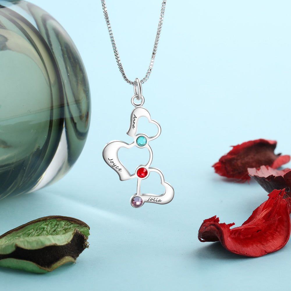 3 Heart Hollow Design Personalized Engrave Name Necklace Birthstone  Silver Color Necklaces & Pendants (JewelOra NE102367)