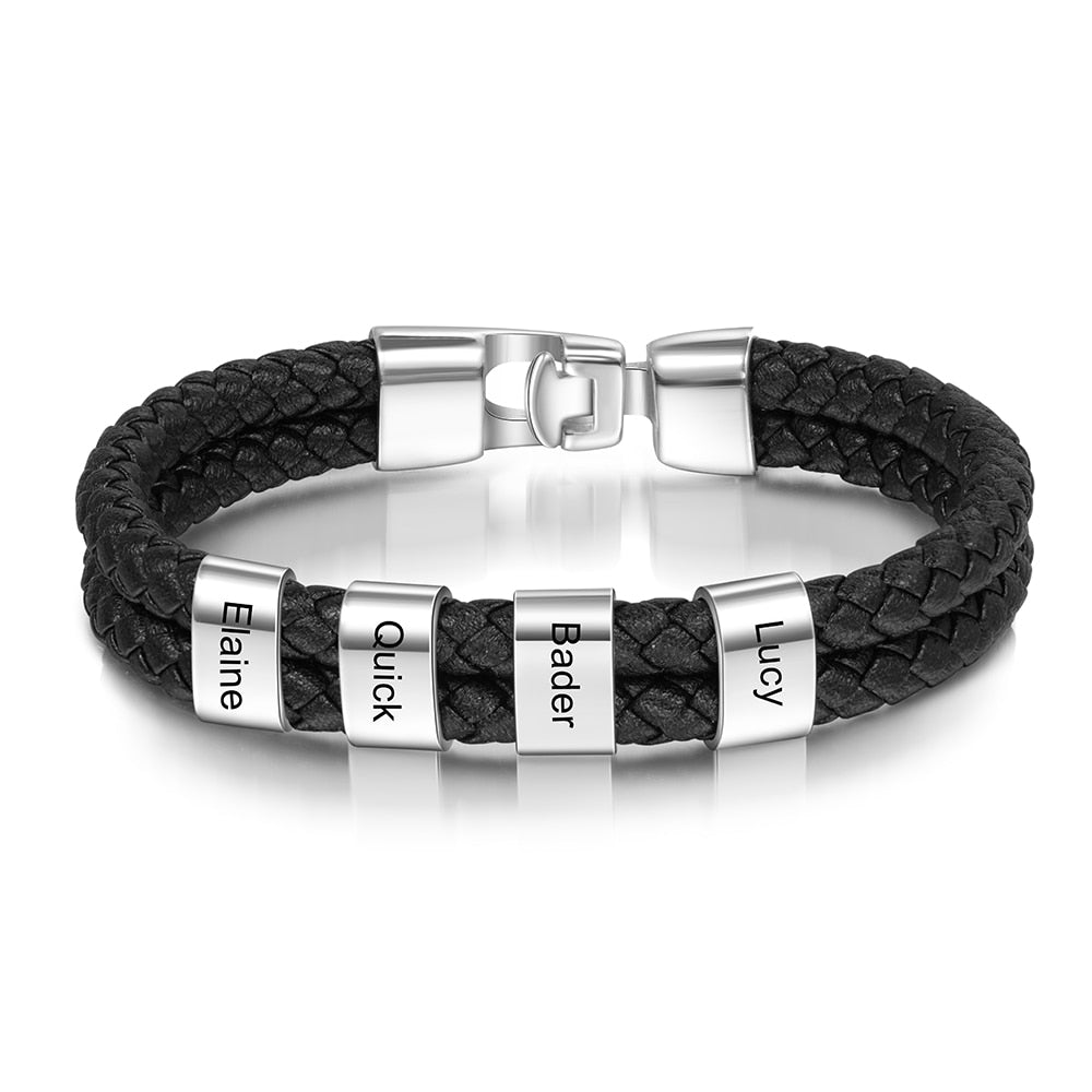 JewelOra Personalized Engraved Family Name Beads Bracelets Black Braided Leather Stainless Steel Bracelets for Men Fathers