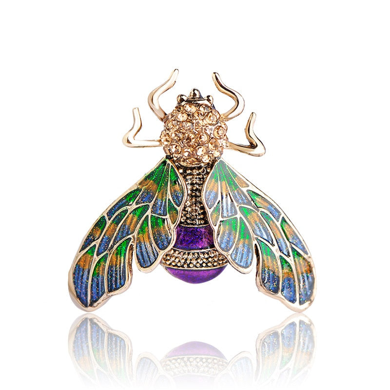 Blucome Beautiful Green Purple Enamel Insect Bee Brooch Crystal Gold-color Alloy Metal Brooches For Shoulder Scarf Sweater Pins