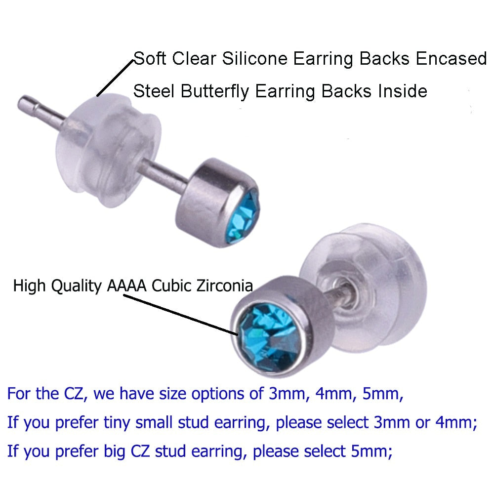 12 Pairs 316L Stainless Steel Stud Earrings,Birthstone Colourful Crystal Earring Sets for Women and Girls with Size 3mm 4mm 5mm