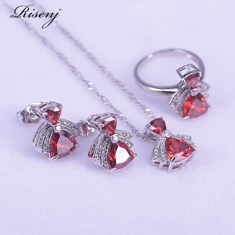 Conjunto de joyería de plata de ley 925 con circonita roja para mujer, aretes, anillo, collar, pulsera, disfraz, Color de la suerte