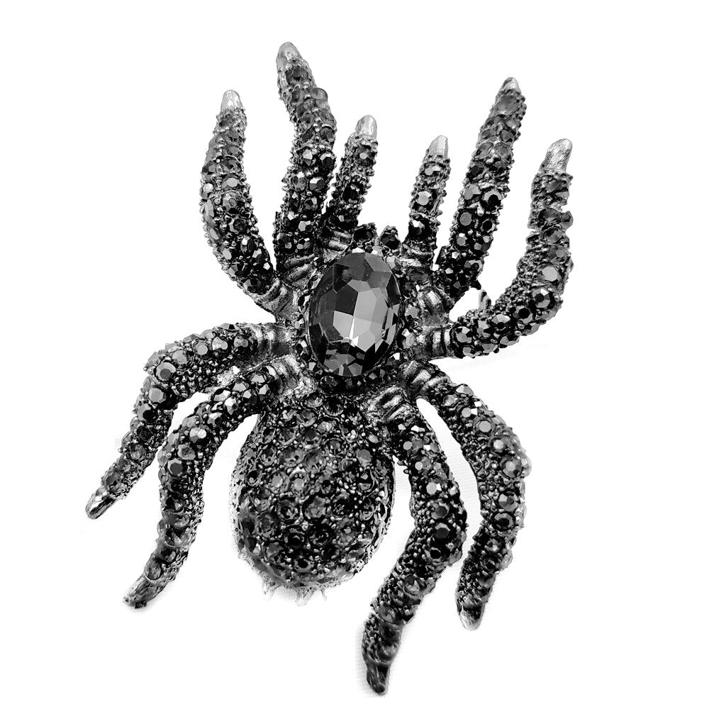 Vintage Statement 10-Legged Large Black Crystal Rhinestone Spider Brooches Huge Dangerous Bug Pin for Halloween Party Jewelry