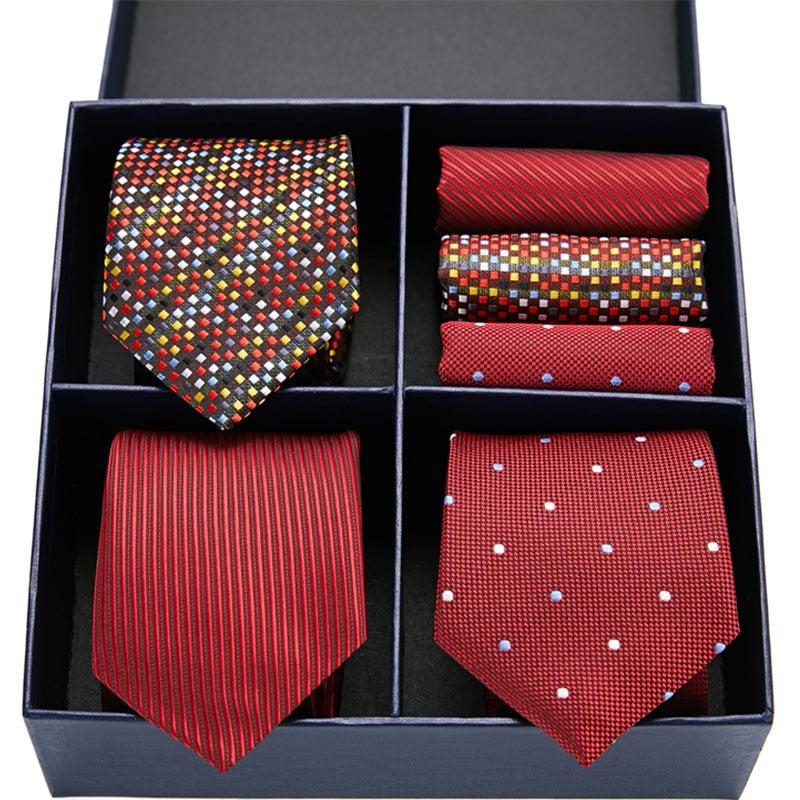 Gift box packing Silk Ties For Men Novelty Hanky  Set 3 Styles  Men's Tie Formal Red Cravat for Wedding Business Necktie