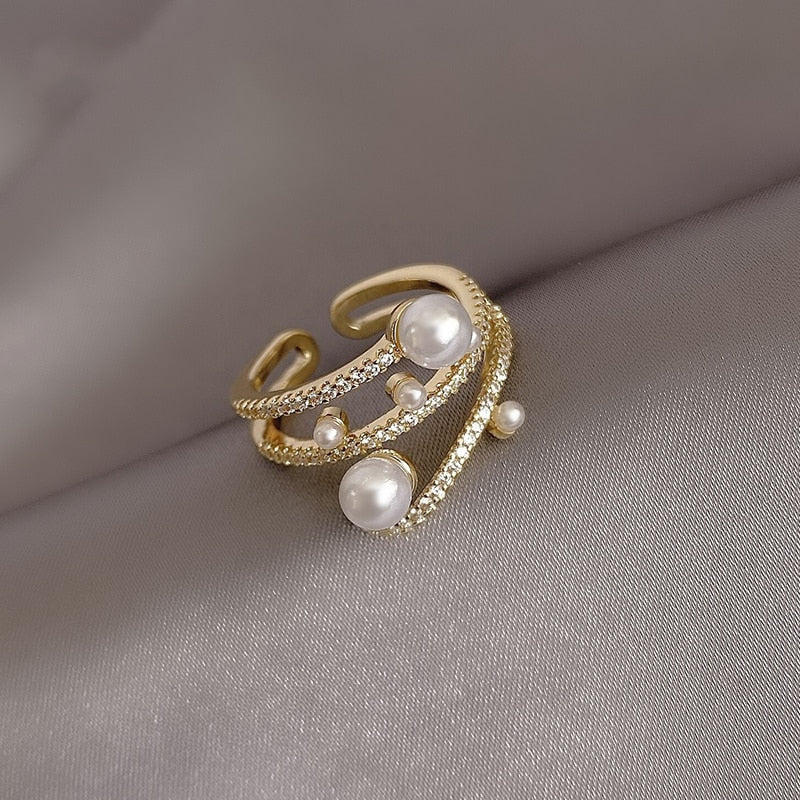 Luxurious and Exquisite Three-Layer Pearl Gold Color Adjustable Ring For Woman Jewelry Korean Fashion Girls Unusual Accessories