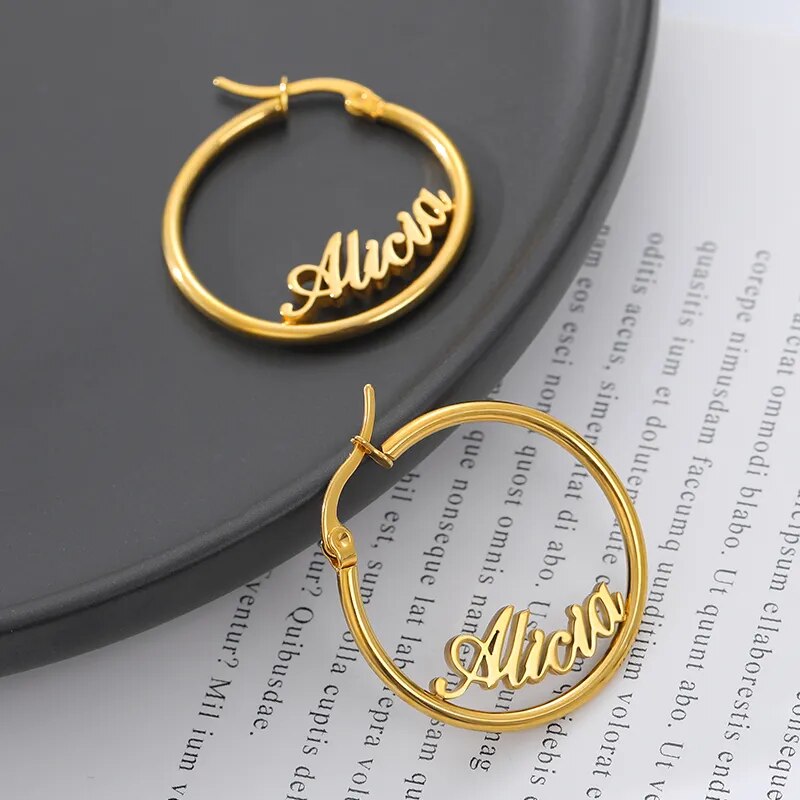 Personalized Name Stainless Steel Letter Stud Earrings For Women Fashion Custom Name Piercing Earrings Nameplate Open Round