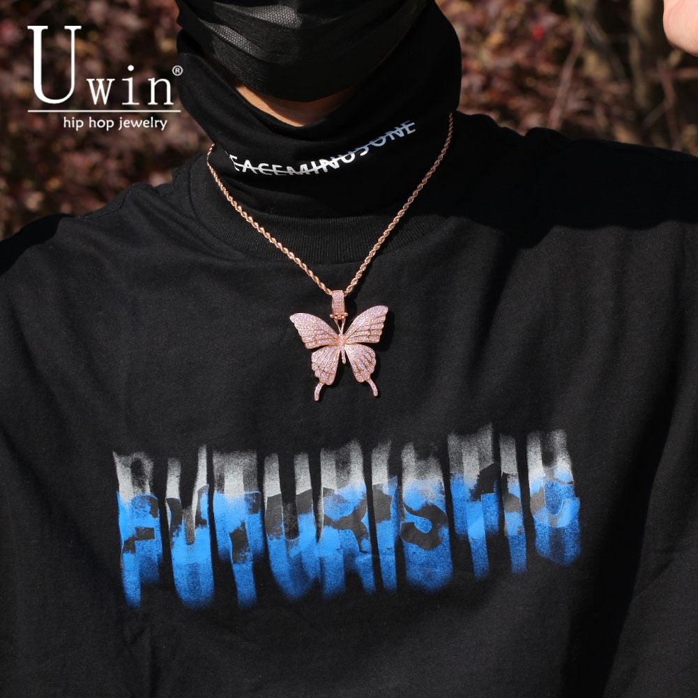 Uwin Iconic Butterfly Pendant 9mm Cuban Chain Cubic Charm Pink Tennis Chain Necklace Men Women Hip Hop Jewelry Gift