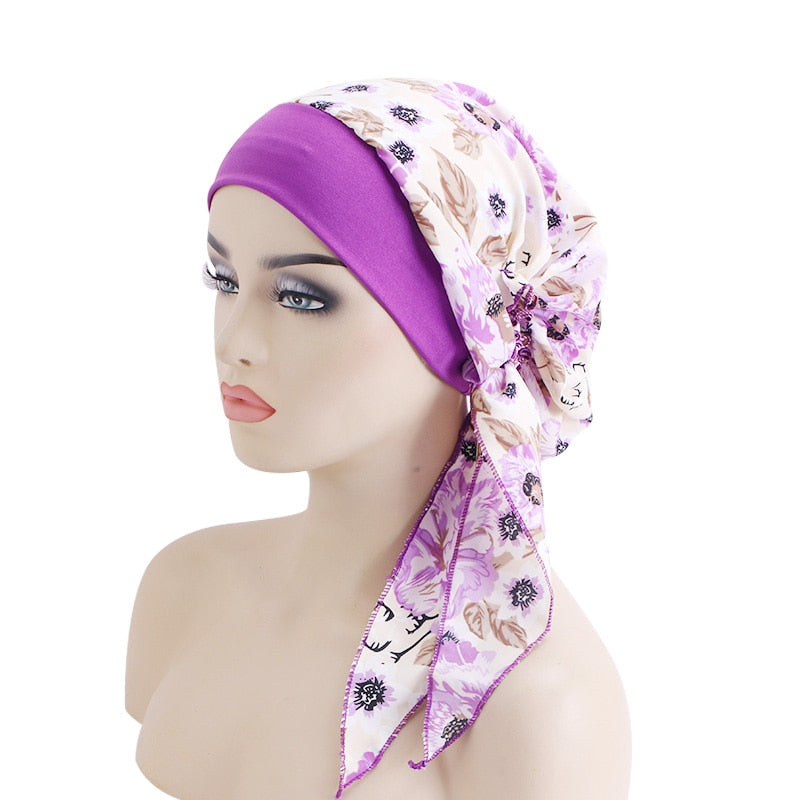 Women Printed Pre-tie Headscarf Elastic Muslim Female Turban Cancer Chemo Hat Hair Loss Cover Head Wrap Headwear Stretch Bandana