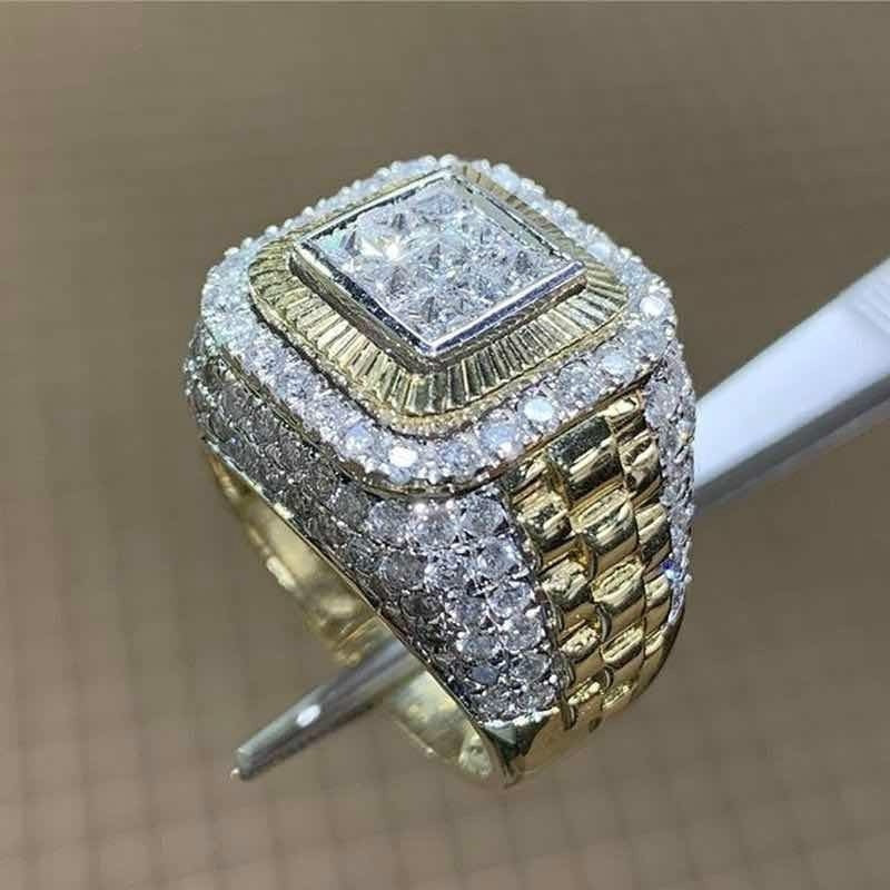 Luxurious Men's Gold Color Natural Birthstone Crystal Ring Anniversary Banquet Ring Luxury Wedding Band Jewelry