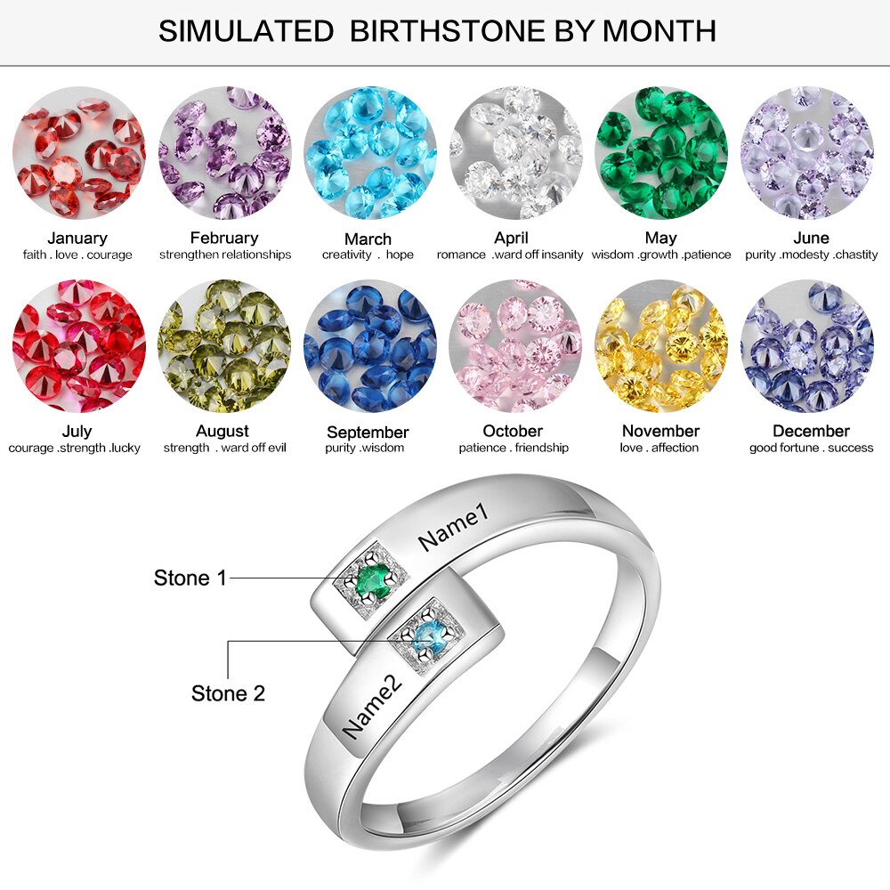 Personalized Women Rings with Birthstone Custom 2 Names Engraved Adjustable Promise Rings for Couples Jewelry(JewelOra RI103934)