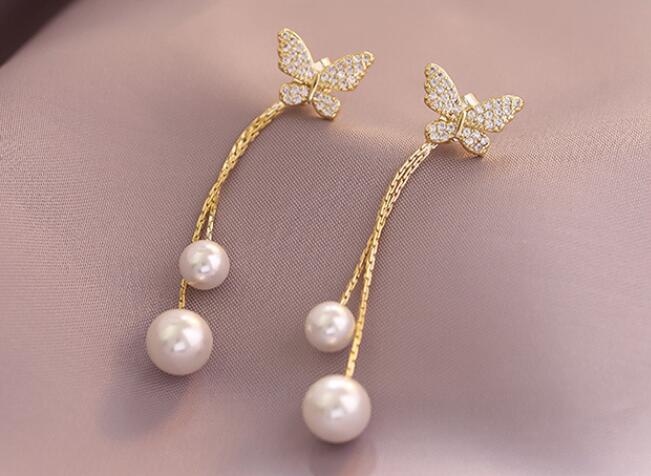 Korean  Fashion Jewelery Elegant Butterfly Long Pearl Crystal Earrings For Women Tassel Girl Earring Gift