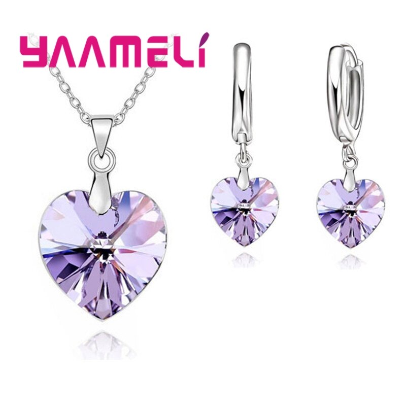 Love Heart Shape Women 925 Sterling Silver Bridal Jewelry Set For Wedding Fashion Crystal Pendants Necklaces Earring Set