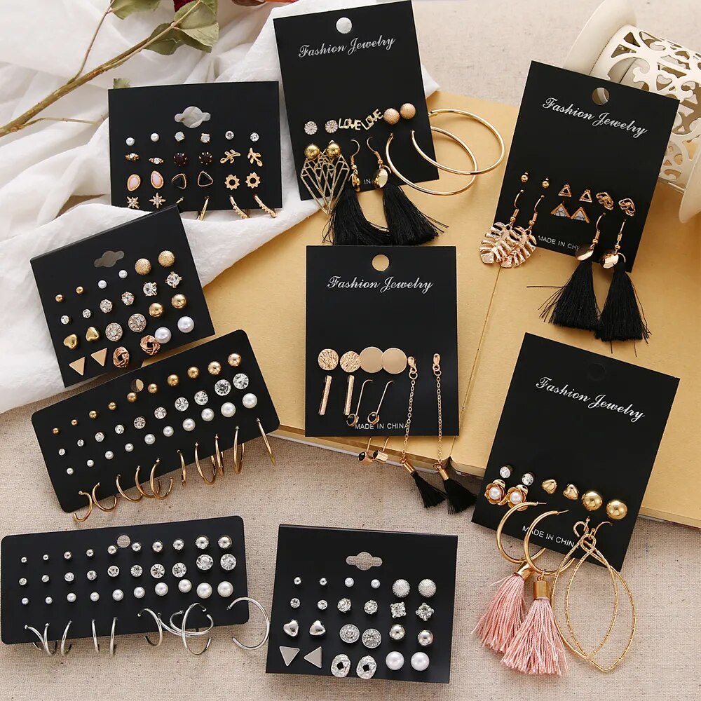 EN 12 Pairs Flower Women&#39;s Earrings Set Pearl Crystal Stud Earrings Boho Geometric Tassel Earrings For Women 2021 Jewelry Gift