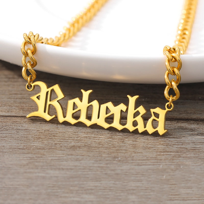 Custom Old English Name Necklaces For Women Men Stainless Steel Cuban Chain Customized Necklace Personalized Gothic Neck Jewelry