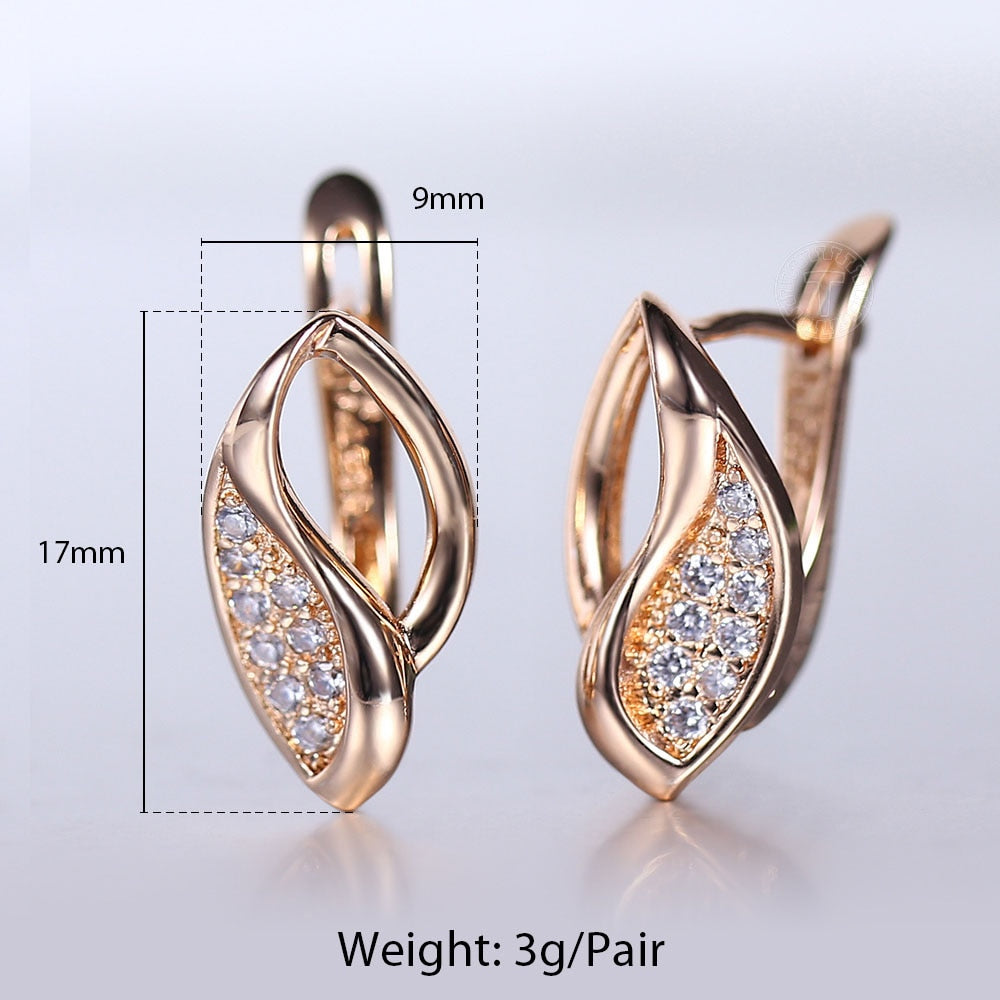 Leaf Shaped Stud Earring 585 White Rose Gold Color Geometric Cut Out Leaf Clear Cubic Zircon Drop Earrings for Women Girl GE291