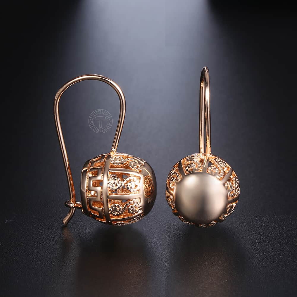 Cut Out Ball Earrings For Women Girls 585 Rose Gold Color Woman Zircon Dangle Earrings Wedding Party Exquisite Jewelry Gifts