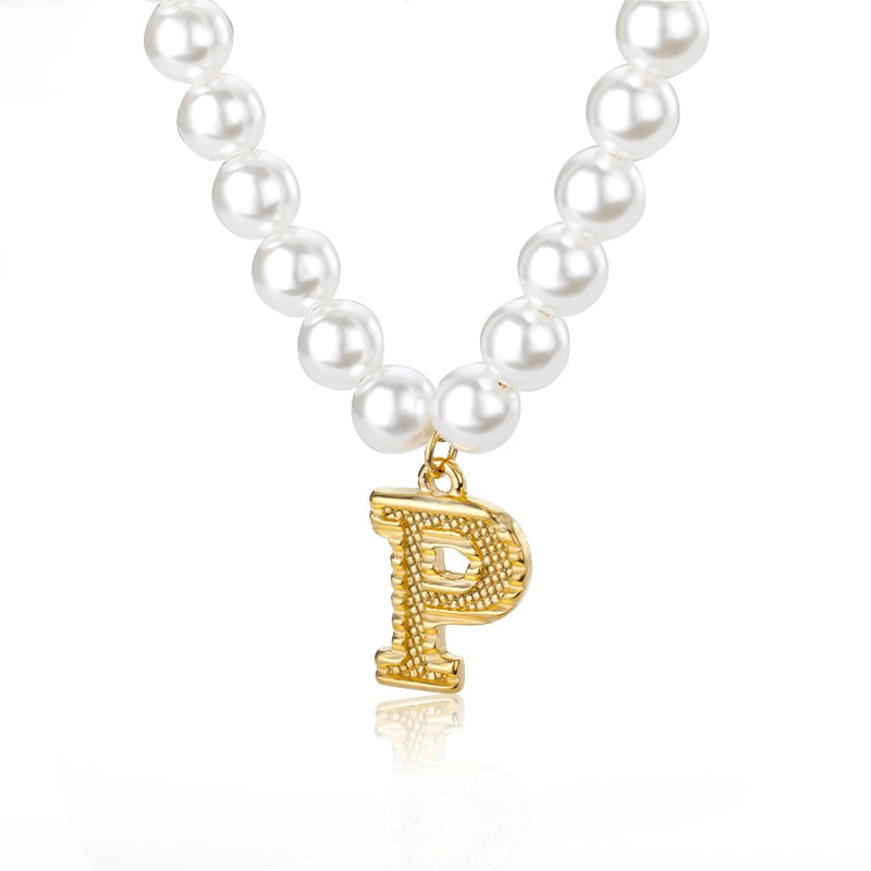 A-Z Initial Pearl Chain Necklaces For Women Initial Letter Simulated Pearl Necklace Stainless Steel Pendant Jewelry 2022