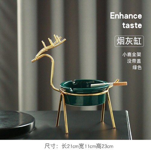 European Ceramic Dark Green Metal Ashtray Creative Luxury Room Coffee Table Anti Fly Ash Portable Ashtray Gift for Boyfriend New