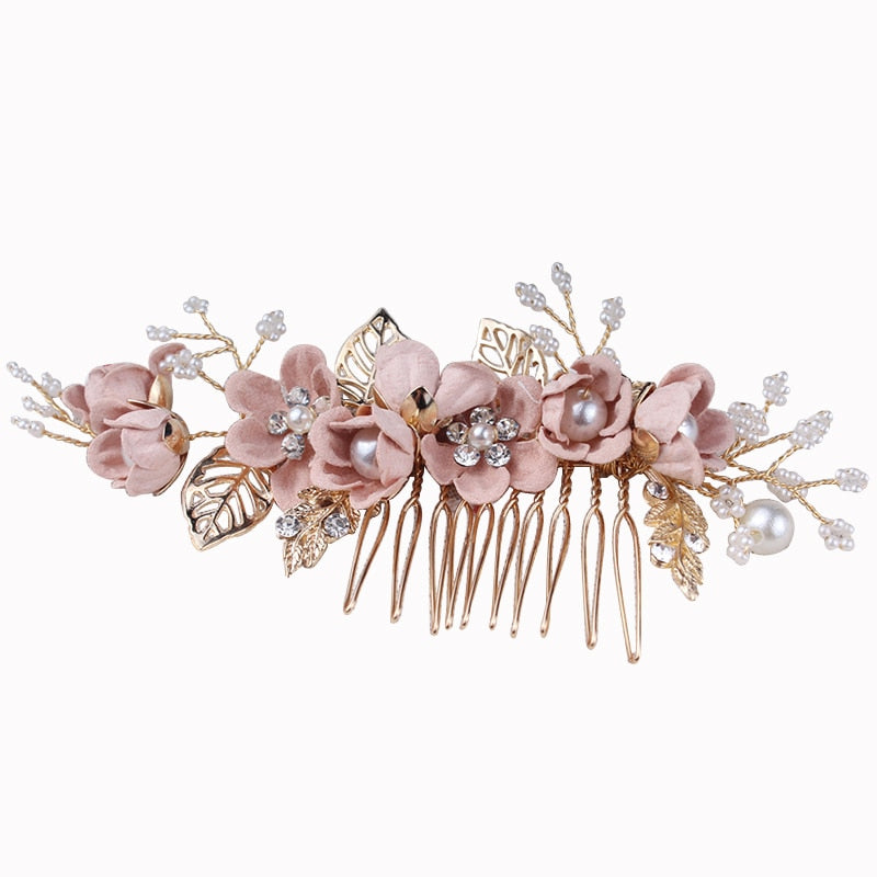 Bridal Wedding Hair Accessories Fashion Pearl Crystal Cloth Flower Hair Combs Headdress Gold Leaves Hair Jewelry Hair Pins