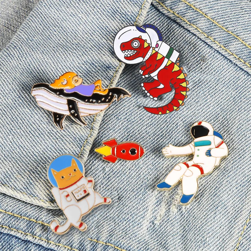 Universe Brooches Astronaut Rockets Space Cute Animal Dinosaur Cat Whale Enamel Pin Shirt Collar Label Pins Funny Badge Jewelry