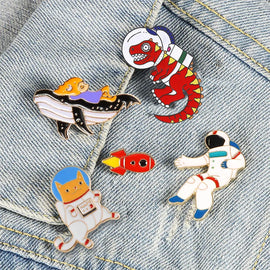 Universe Brooches Astronaut Rockets Space Cute Animal Dinosaur Cat Whale Enamel Pin Shirt Collar Label Pins Funny Badge Jewelry