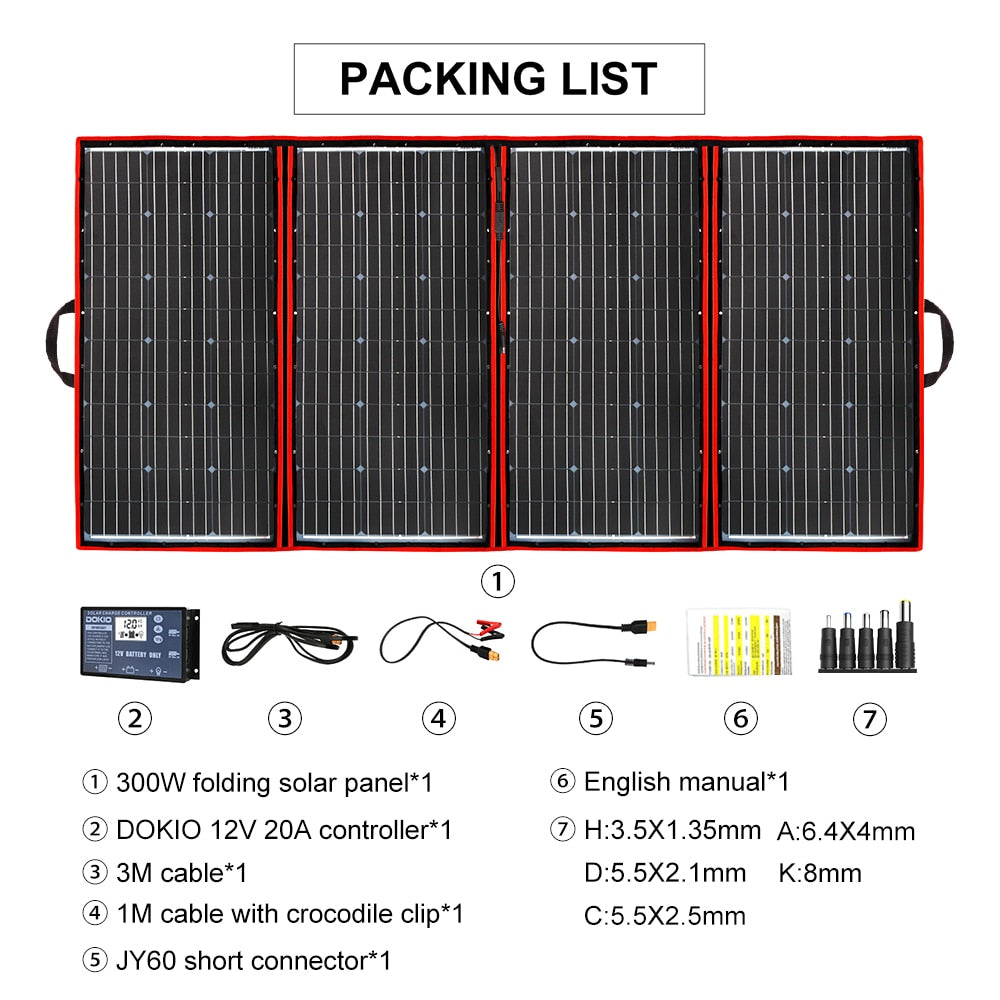 Dokio 300W 12V/18V High Efficience Monocrystalline Flexible Foldable Portable Solar Panel For Powerbank/Camping Caravan/Boat/Car